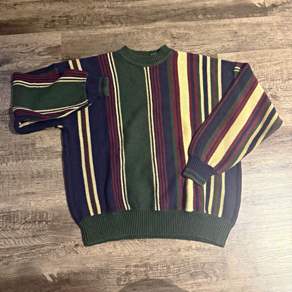 Vintage Structure Sweater Mens Large Striped 90s Knit Ramie Cotton Grandpa Core